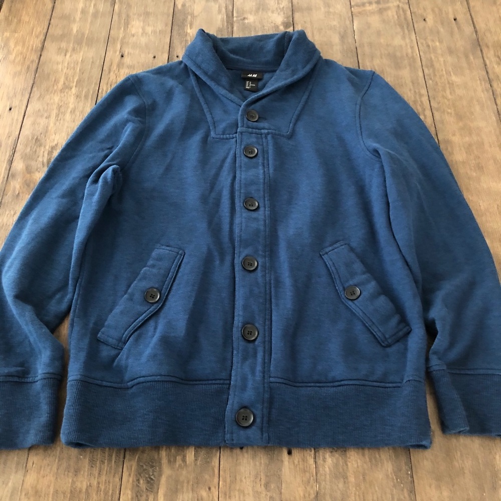 H&M Blue Shawl Collar Button Up Sweatshirt Jacket
